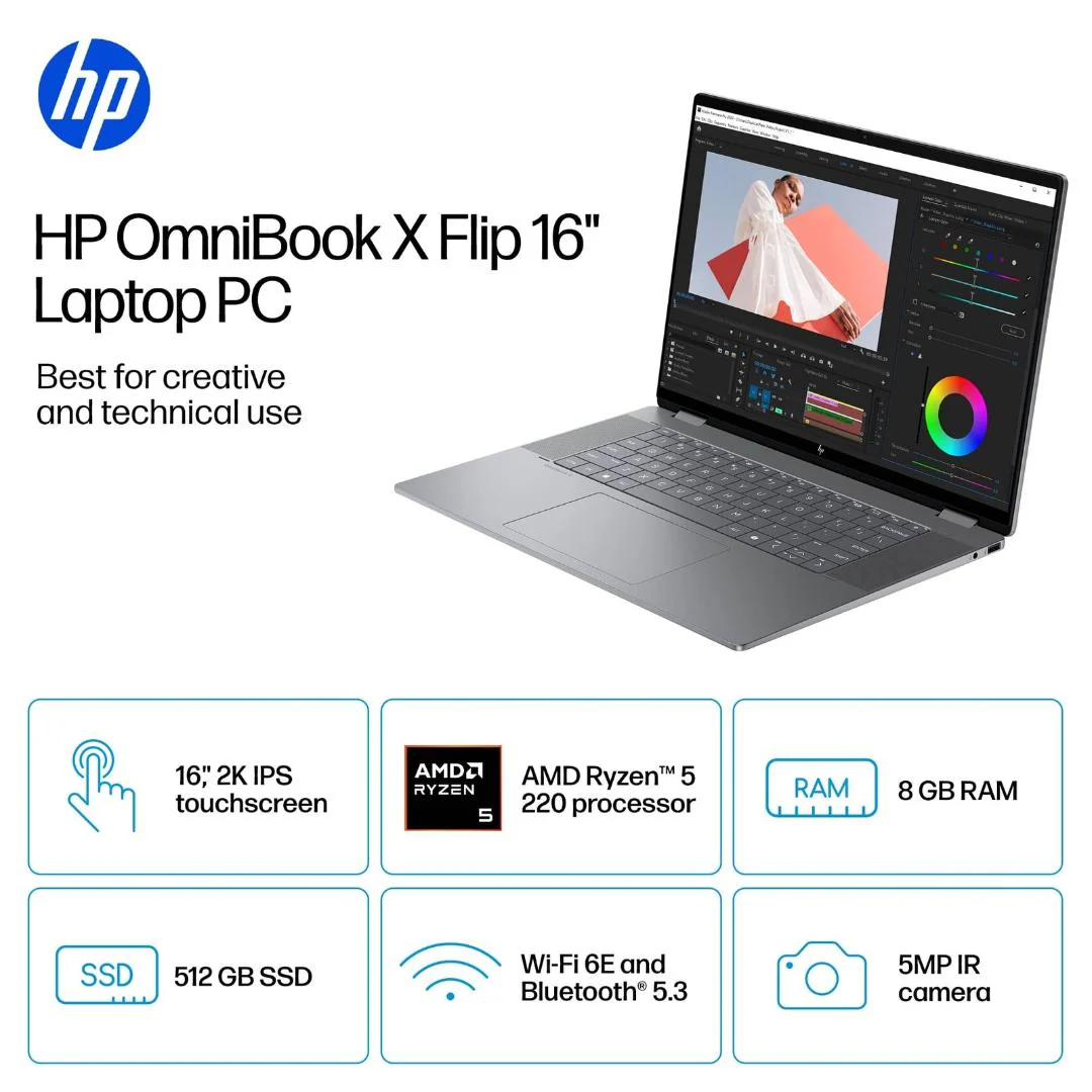 HP OMNIBOOK X FLIP 16-BE0003,16" TOUCH,RYZEN 5 220,8GB,512GB SSD,WIN11,METEOR SILVER - Image 7